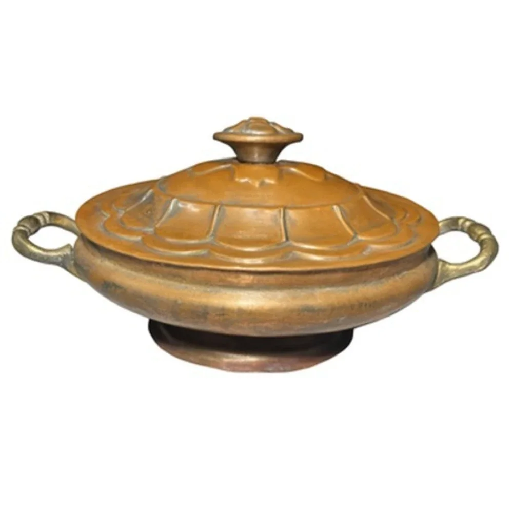 Vintage Copper Covered Serving Dish Tureen Medium‎ Oval Brass Handles Liner